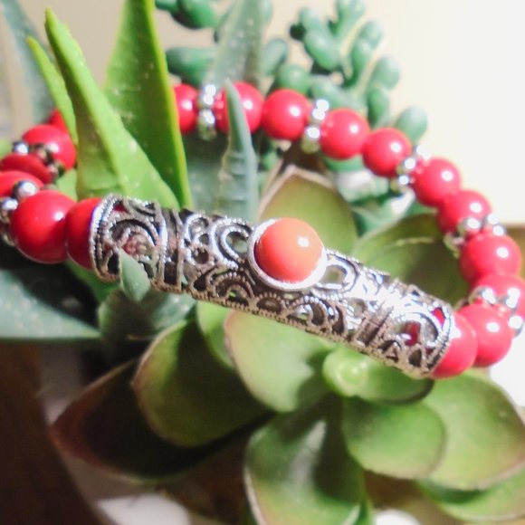 NWOT Red opaque Glass beads filigree Antique silver ornate tube w cabochon 2/$25 - Picture 2 of 5